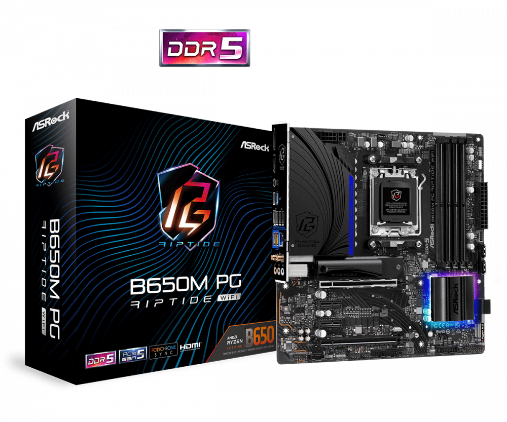 ASRock B650M PG Riptide WiFi AM5 Micro-ATX AMD B650 4xDIMM DDR5 2xM.2 USB 3.2 PCIe 5.0 Storage 2.5Gb LAN Wi-Fi 6E+BT Motherboard