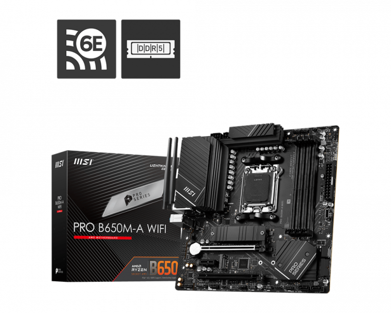 MSI PRO B650M-A WIFI AM5 Micro-ATX AMD B650 4xDIMM DDR5 2xM.2 USB 3.2 PCIe 4.0 2.5Gb LAN Wi-Fi 6E+BT Audio Boost Motherboard (B650MAWIFI)