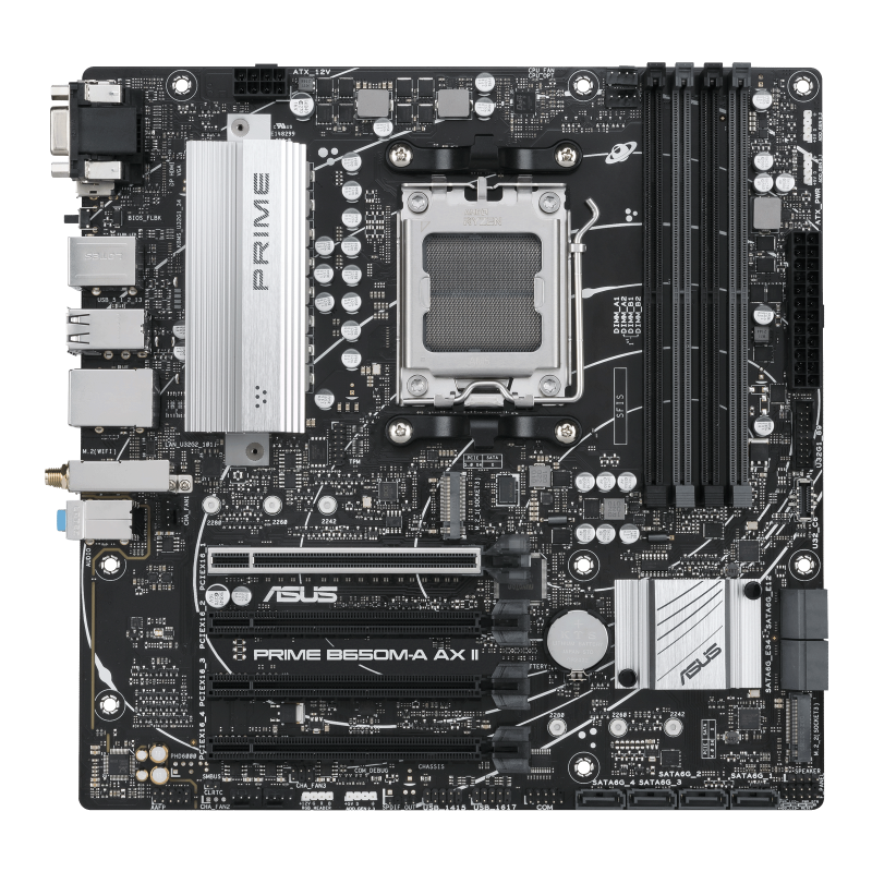 ASUS Prime B650M-A AX II Socket AM5 Micro-ATX AMD B650 4xDIMM DDR5 2xM.2 USB 3.2 PCIe 5.0 Storage 2.5Gb LAN Wi-Fi 6+BT Motherboard
