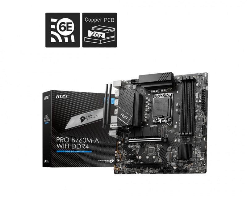 MSI PRO B760M-A WIFI DDR4 LGA1700 Micro-ATX Intel B760 4xDIMM DDR4 2xM.2 12+1 Power Stages USB 3.2 PCIe 4.0 2.5Gb LAN Wi-Fi 6E+BT Audio Boost Motherboard (PROB760MAWID4)