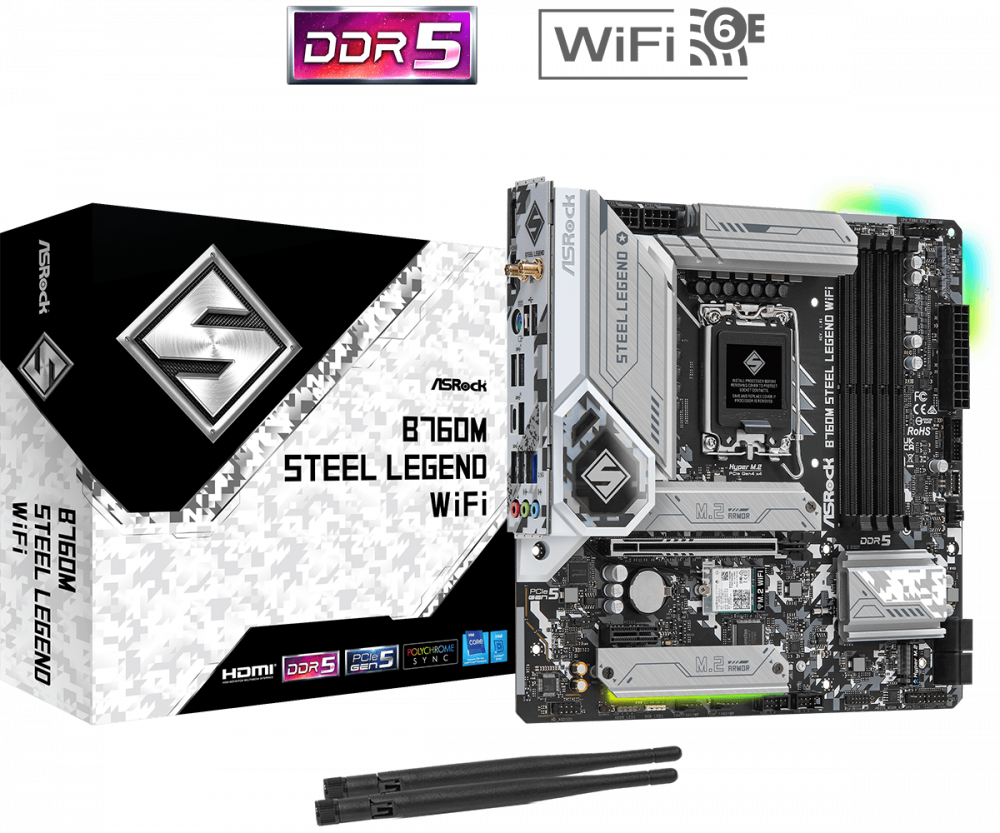ASRock B760M Steel Legend WiFi LGA1700 Micro-ATX Intel B760 4xDIMM DDR5 3xM.2 12+1+1 Power Phase USB 3.2 PCIe 5.0 2.5Gb LAN Wi-Fi 6E+BT Motherboard