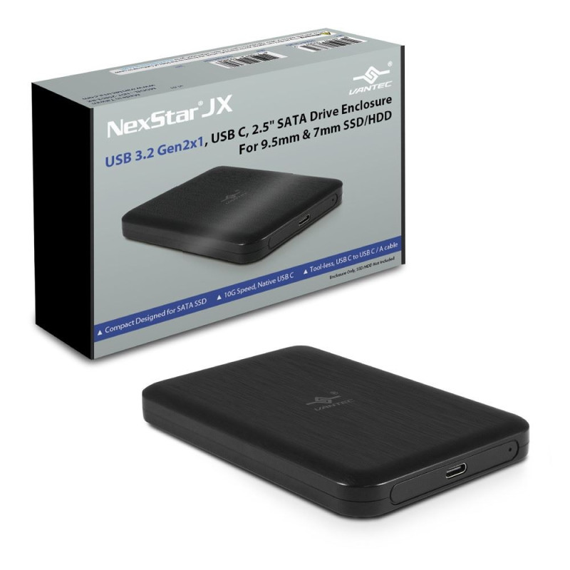 Vantec NexStar JX Series, USB 3.2 Gen2x1 (10Gbps), USB C, 2.5" SATA Drive Enclosure For 9.5mm & 7mm SSD/HDD (NST-258S3-BK)