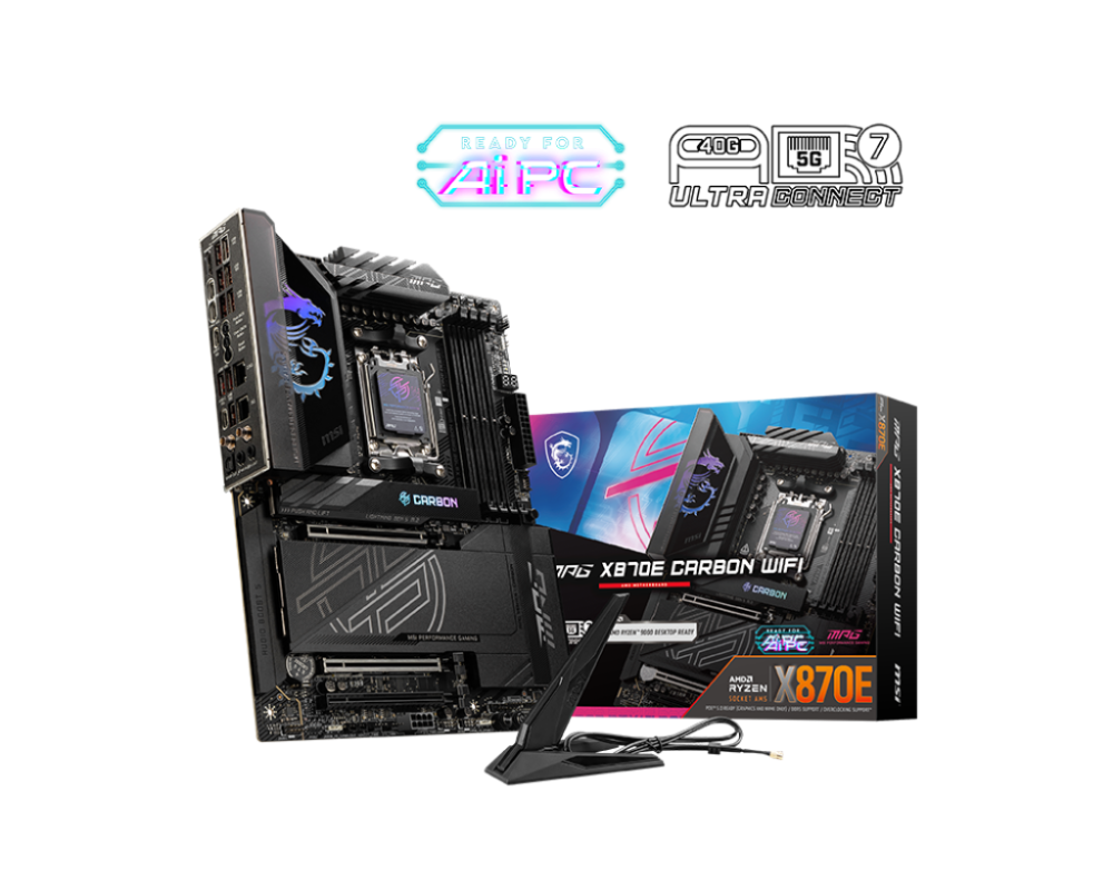 MSI MPG X870E CARBON WIFI AM5 ATX AMD X870E 4xDIMM DDR5 4xM.2 USB4 5Gb+2.5Gb LAN Wi-Fi 7+BT Motherboard (X870ECARBONWIFI7)