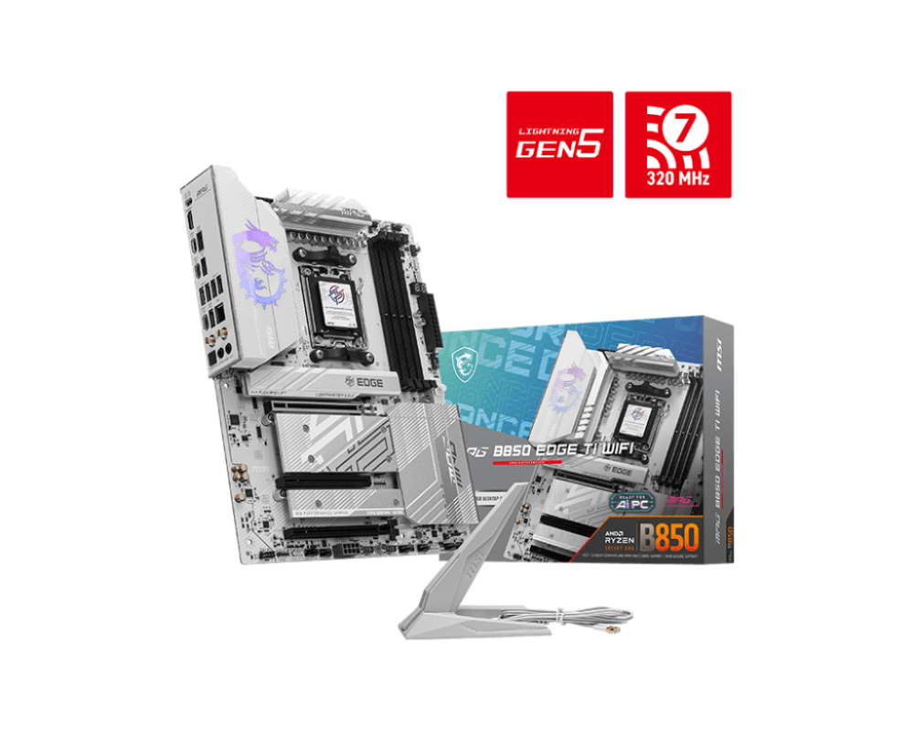 MSI MPG B850 EDGE TI WIFI AM5 ATX AMD B850 4xDIMM DDR5 4xM.2 USB 20Gbps 5Gb LAN Wi-Fi 7+BT White Motherboard (MPGB850EDGETIWIFI)