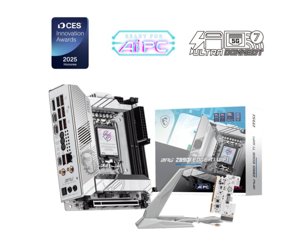 MSI MPG Z890I EDGE TI WIFI LGA1851 ATX Intel Z890 4xDIMM DDR5 4xM.2 Thunderbolt 4 5Gb LAN Wi-Fi 7+BT White Motherboard (Z890EDGETIWIFI)