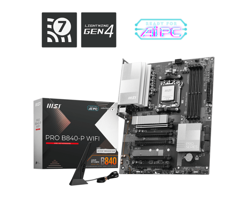 MSI PRO B840-P WIFI AM5 ATX AMD B840 4xDIMM DDR5 2xM.2 USB 10Gbps 2.5Gb LAN Wi-Fi 7+BT Motherboard (PROB840PWIFI)