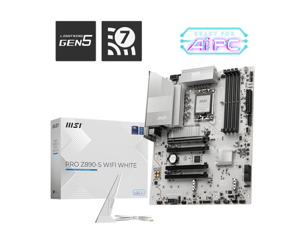 MSI PRO Z890-S WIFI WHITE LGA1851 ATX Intel Z890 4xDIMM DDR5 3xM.2 Thunderbolt 4 2.5Gb LAN Wi-Fi 7+BT White Motherboard (Z890SWHITEWIFI)