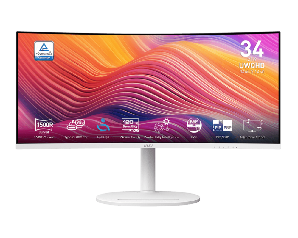 MSI Modern MD342CQPW 34" UWQHD 3440x1440 VA 120Hz HDR Ready, KVM, Height, HDMI,DP,USB-C White Ultrawide Monitor (MODERNMD342CQPW)