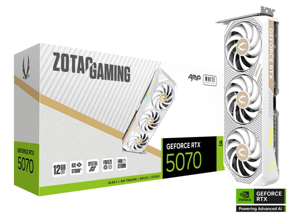 ZOTAC GAMING GeForce RTX 5070 AMP White Edition 12GB GDDR7 PCIe 5.0 2-Slot 1xHDMI/3xDP Video Card (ZT-B50700FQ-10P)