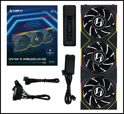 Lian Li UNI FAN TL120 LCD Reverse Blade Wireless Black Triple Pack w/ Controller 120mm ARGB Case Fan (12RTLLCD1W3B)