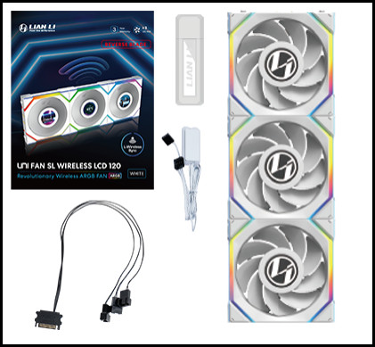 Lian Li UNI FAN SL Wireless LCD 120 Reverse Blade White Triple Pack w/ Controller 120mm ARGB Case Fan (12RSLLCD1W3W)