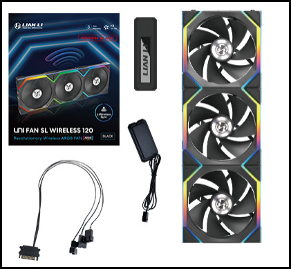 Lian Li UNI FAN SL Wireless 120 Reverse Blade Black Triple Pack w/ Controller 120mm ARGB Case Fan (12RSL1W3B)