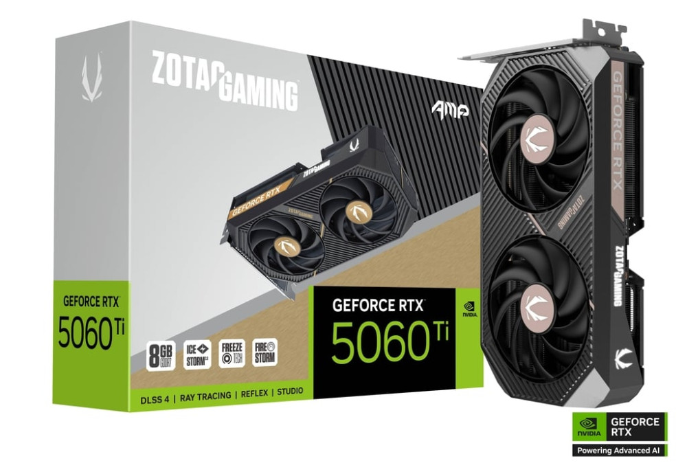 ZOTAC GAMING GeForce RTX 5060 Ti 8GB AMP GDDR7 PCIe 5.0 2-Slot 1xHDMI/3xDP Video Card (ZT-B50610F-10M)