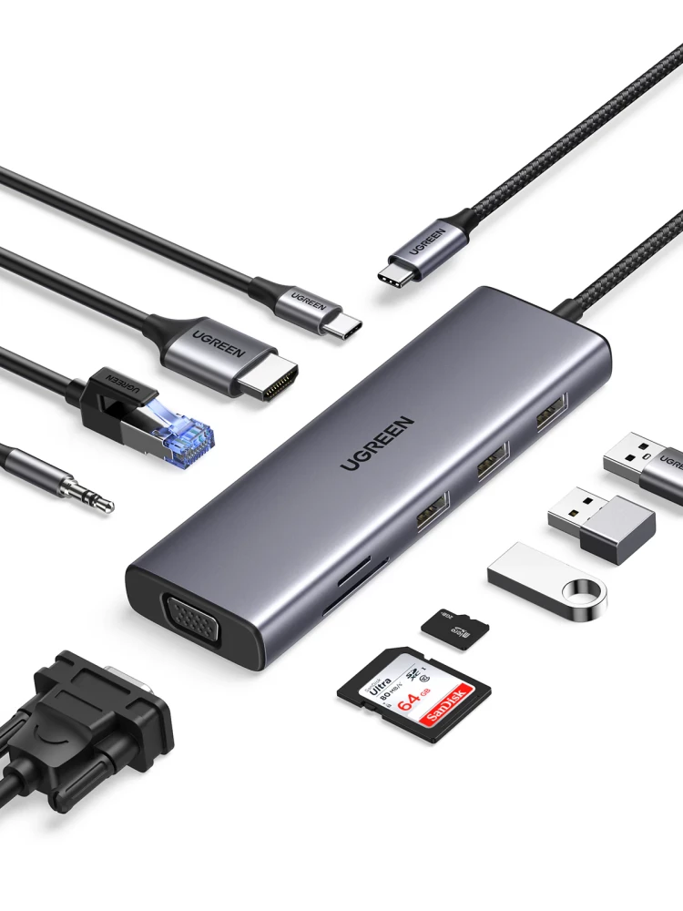 UGREEN 10-in-1 USB-C Hub, HDMI, VGA, 3xUSB-A, USB-C, SD Card, Ethernet, 3.5mm, 100W PD (15601)