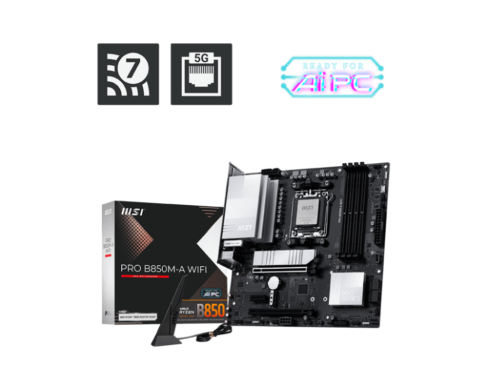 MSI PRO B850M-A WIFI AM5 Micro-ATX AMD B850 4xDIMM DDR5 2xM.2 5Gb LAN Wi-Fi 7+BT Motherboard (PROB850MAWIFI)