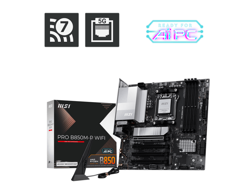 MSI PRO B850M-P WIFI AM5 Micro-ATX AMD B850 4xDIMM DDR5 3xM.2 5Gb LAN Wi-Fi 7+BT Motherboard (PROB850MPWIFI)