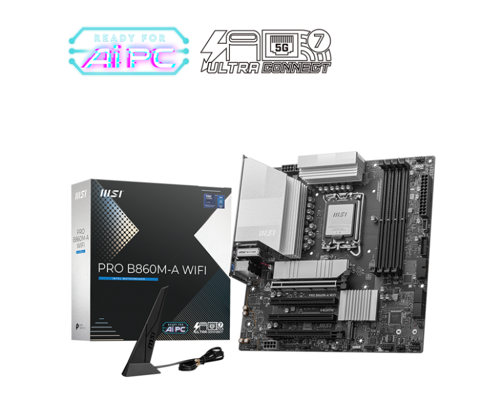 MSI PRO B860M-A WIFI LGA1851 Micro-ATX Intel B860 4xDIMM DDR5 3xM.2 Thunderbolt 4 5Gb LAN Wi-Fi 7+BT Motherboard (B860MAWIFI)