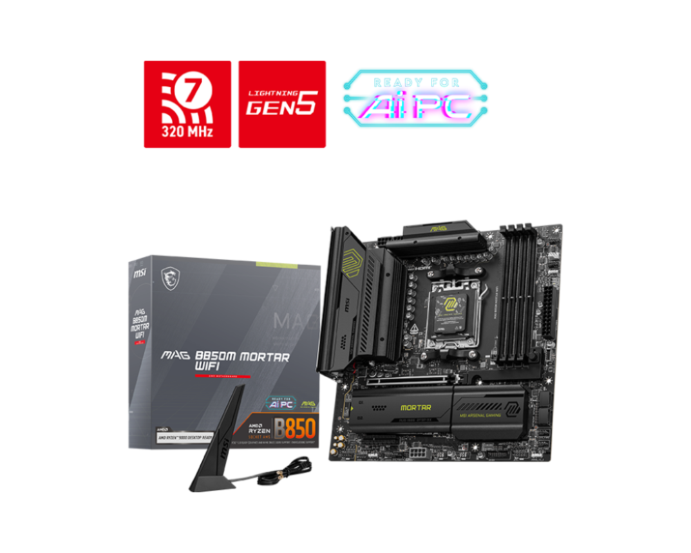 MSI MAG B850M MORTAR WIFI AM5 Micro-ATX AMD B850 4xDIMM DDR5 3xM.2 5Gb LAN Wi-Fi 7+BT Motherboard (MAGB850MMORTARWIFI)