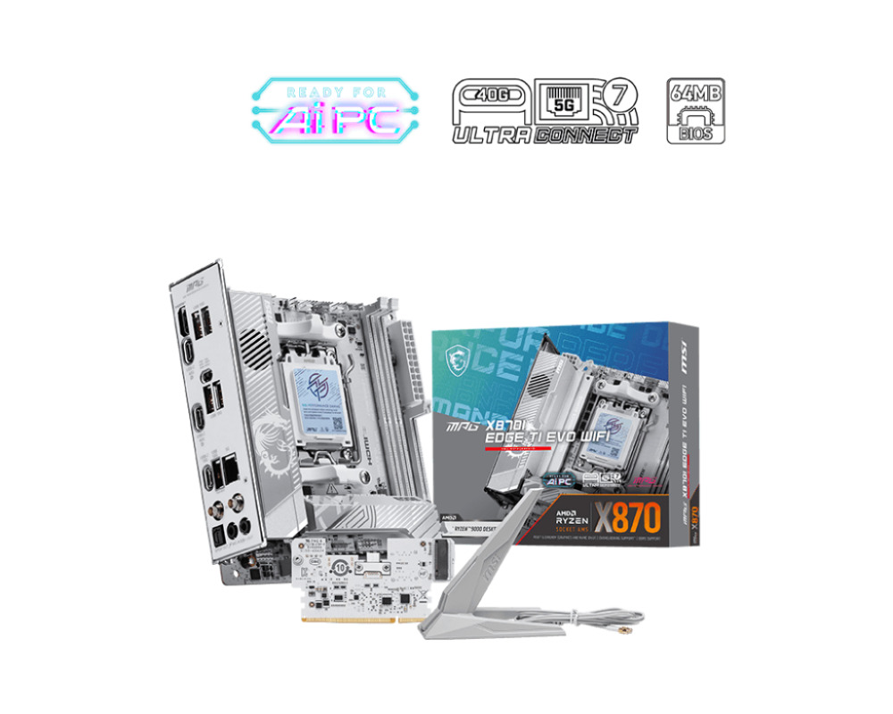 MSI MPG X870I EDGE TI EVO WIFI AM5 Mini-ITX AMD X870 2xDIMM DDR5 1xM.2 USB4 5Gb LAN Wi-Fi 7+BT White Motherboard (MPGX870IEDGETI)
