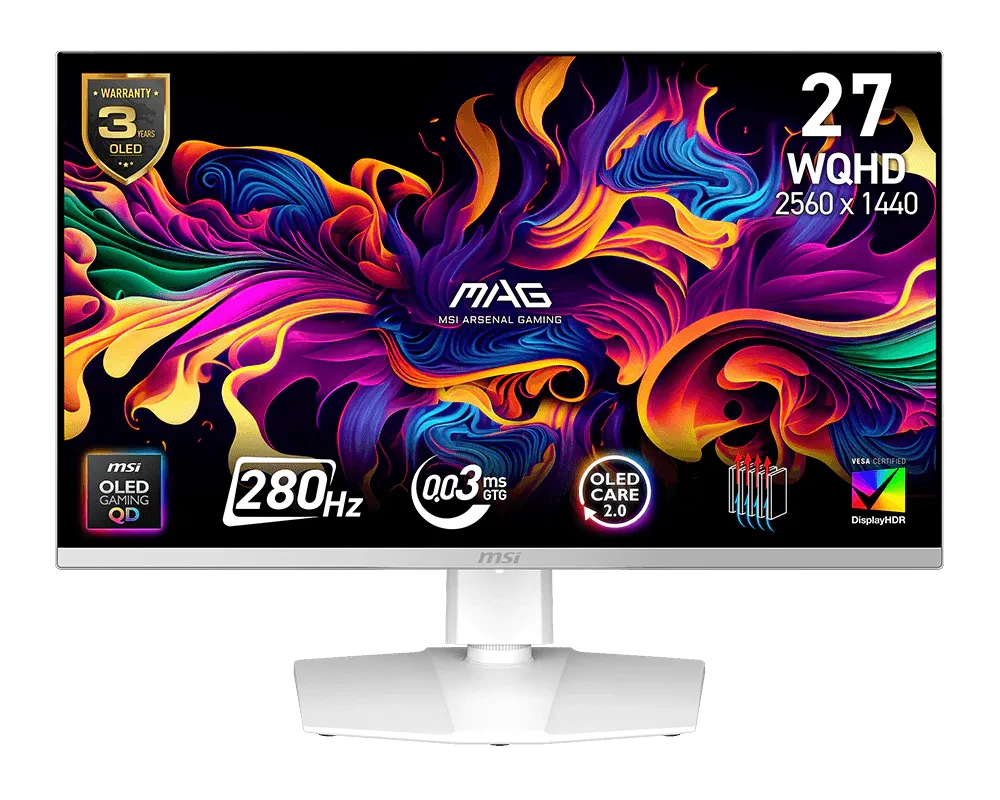 MSI MAG 272QPW QD-OLED X28 27" QHD 2560x1440 QD-OLED 280Hz HDR, FreeSync Premium Pro, G-SYNC Compatible, Pivot, Height, HDMI,DP,USB-C White Gaming Monitor (MAG272QPWQDOLEDX28)
