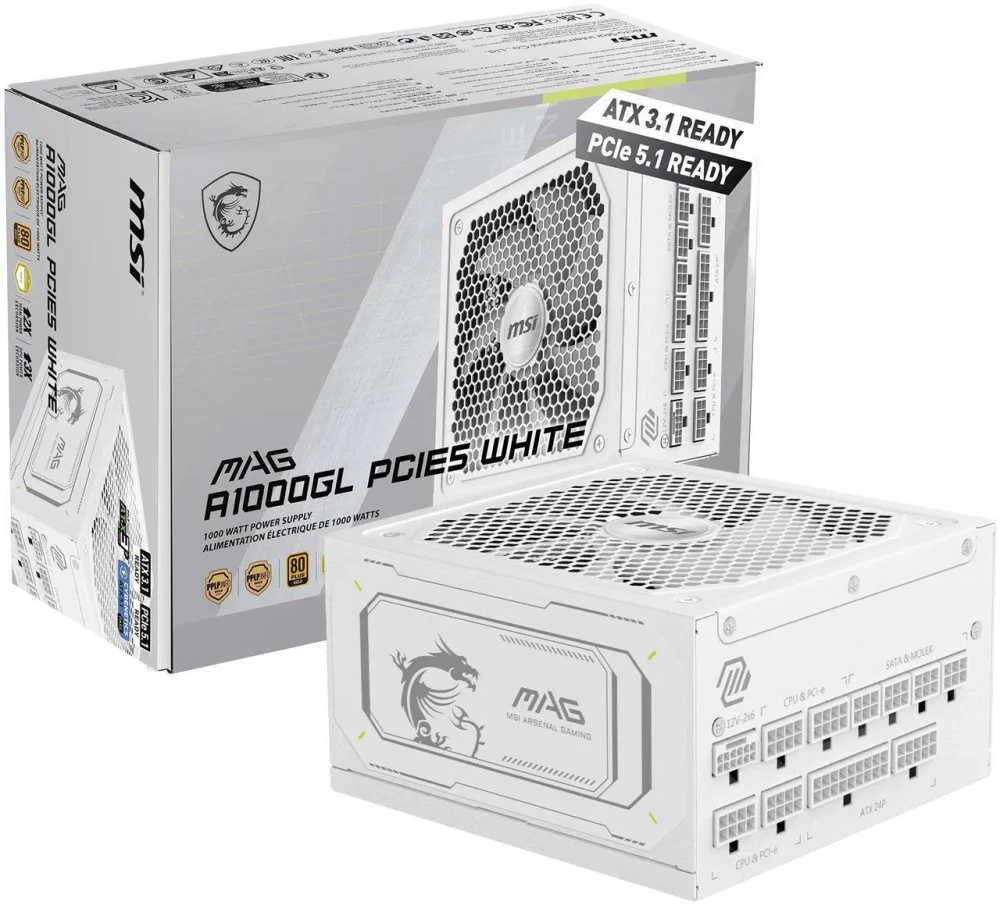 MSI MAG A1000GL PCIE5 White 1000W 80 PLUS Gold ATX 3.1 PCIe 5.1 Fully Modular Power Supply (MAGA1000GLPCIE5WT)