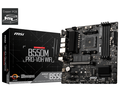 MSI B550M PRO-VDH WIFI Socket AM4 Micro-ATX AMD B550 4xDIMM DDR4 2xM.2 USB 3.2 Wi-Fi AC+BT Audio Boost Mystic Light RGB Motherboard (B550MPVDHWIFI)