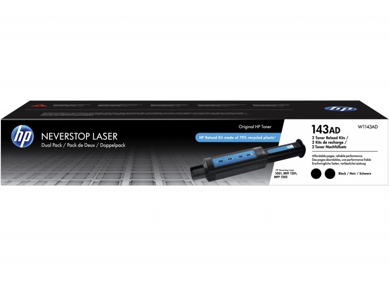 HP 143AD Black Toner Reload Kit, 2 Cartridges (W1143AD)